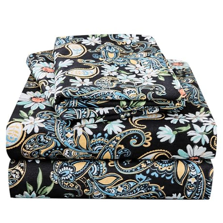 JSD Black Paisley Floral Printed Sheet Set King Size, 4 Piece Soft Pattern Microfiber Sheets Extra Deep Pocket JSD