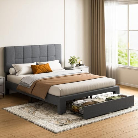 Marsail Queen Bed Frame with 2 Storage Drawers, Sturdy & Durable with 12 Support Legs, 1300 lbs Capacity, Solid Wooden Upholstered Adjustable Headboard for 6″–12″ Mattresses, Easy Assembly, Dark Gray Marsail