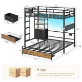DICTAC Twin Over Full Bunk Bed with 4 Storage Drawers and 3-Tier Open Bookshelf Metal Bunk Bed with LED Lights,Charging Station and Pegboard,L-Shaped bunk Beds with Safety Guardrail and Ladder,Black DICTAC