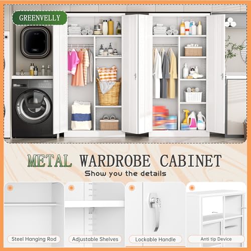 Greenvelly Metal Wardrobe Cabinet with Locking Doors, 72" H x 36" W White Metal Wardrobe Closet Cabinet with Hanging Rods and Adjustable Shelves, Steel Storage Closet for Home, Office, Employee, Gym Greenvelly