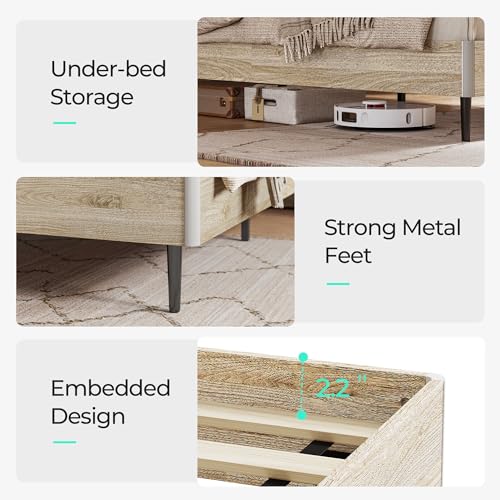 LINSY Ergonomic Queen Bed Frame with RGB Lights, Storage Headboard & Charger - Beige Farmhouse Design LINSY