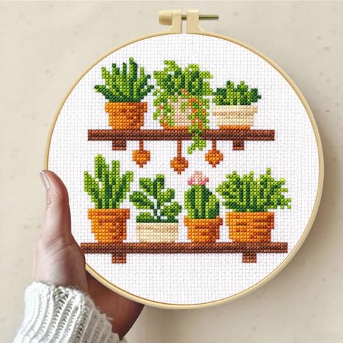 Zhenqing Wooden Plant Shelf Cross Stitch Kit for Beginners, 11CT Printed 24x24cm with Hoop, 6 Potted Succulent Embroidery Set (70978)