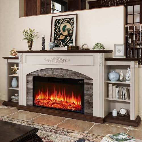80" Electric Fireplace with Mantel, Fireplace TV Stand for TVs Up to 90 Inch, Realistic Stacked Stone Surround with Remote Control Timer LED Flame for Living Room(Antique White) BLANKSPACE