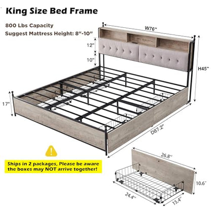 Light Rustic Oak King Size Bed Frame with Upholstered Headboard and Storage Solutions - WoodArtSupply