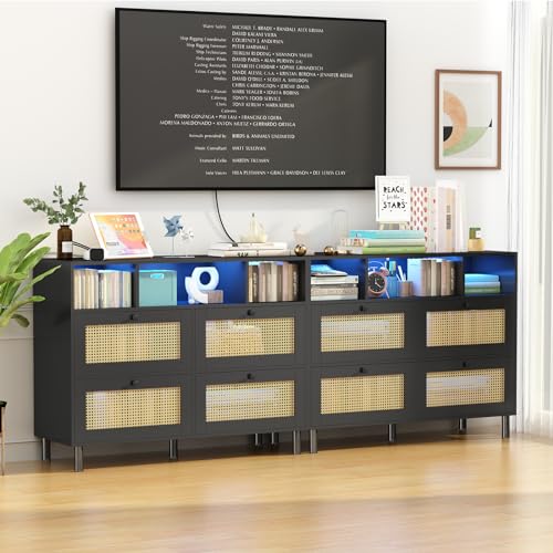 Sideboard Buffet Cabinet - Kitchen Storage Cabinet with Power Outlet & Led Lights, Cupboard Console Table Accent Coffee Bar Cabinet with Rattan Decorated Doors for Dining Room/ Living Room/ Hallway