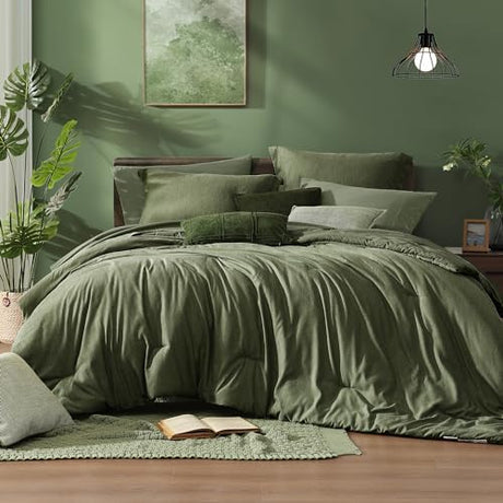 Monbix Full Size Comforter Set, Olive Green Bedding Comforter for Full Size Bed Set Reversible, Bedding Sets Full 7 Pieces, Cationic Dyeing Bed in a Bag with Comforter, Sheets, Pillowcases & Shams Monbix