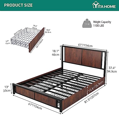 YITAHOME Vintage Brown Queen Size Metal Platform Bed Frame with 4 Storage Drawers