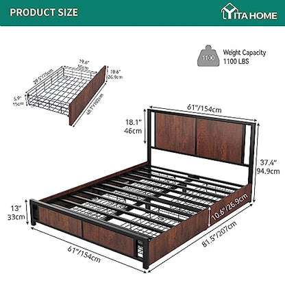 YITAHOME Vintage Brown Queen Size Metal Platform Bed Frame with 4 Storage Drawers