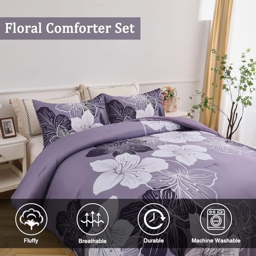 Menghomeus Queen Comforter Set Dark Purple Floral Bedding Comforter Sets - Soft Microfiber Bed Comforter Set for All Season, 3 Piece Botanical Flowers Comforter, Pillowcases Menghomeus