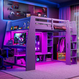 Full Size Gaming Loft Bed with Desk & RGB Light & Open Wardrobe,Wooden Loft Bed Frame with Storage Shelves,Safety Guardrails,Ladder and Under Bed play Space for Teens Adults,No Box Spring Needed,Grey Harper & Bright Designs