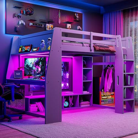 Full Size Gaming Loft Bed with Desk & RGB Light & Open Wardrobe,Wooden Loft Bed Frame with Storage Shelves,Safety Guardrails,Ladder and Under Bed play Space for Teens Adults,No Box Spring Needed,Grey Harper & Bright Designs