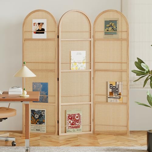 Rattan Room Divider with Bookshelf,Foldable Privacy Screen Partition,Wooden Frame,Natural Portable for Living Room,Bedroom Home,Office Reading Nook (Natural, 3 Panels) Svimi