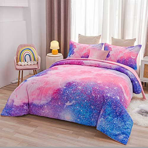 A Nice Night Galaxy Bedding Sets Outer Space Comforter 3D Printed Space Quilt Set Twin 6Pcs Glitter Pink,for Children Boy Girl Teen Kids A Nice Night