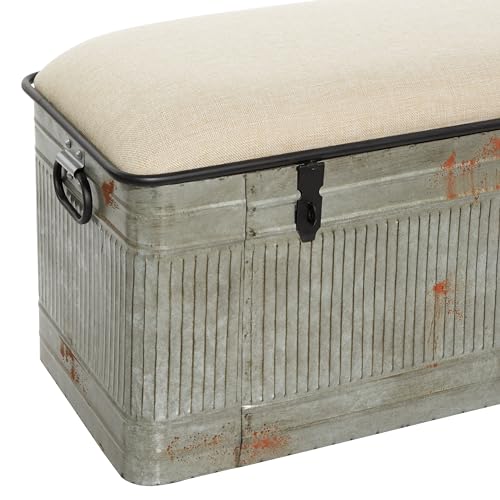 Deco 79 Metal Room Storage Bench Galvanized Entryway Bench with Cream Burlap Top, Bench 50" x 16" x 18", Gray Deco 79