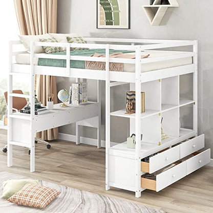 BOVZA White Full Size Loft Bed with Built-in Desk, Drawers, and Storage Shelves