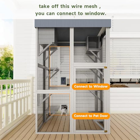 Outdoor Wooden Catio Cat House,Large Cat Enclosure with 6 Platforms,2 Napping Houses & Removable Waterproof Roof,Solid Wood Playpen Cage for Multiple Cats,Secure & Walk-in Design,70.5" H Gray GDFStudio