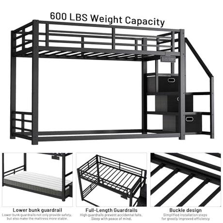 Twin Over Twin Metal Bunk Bed with Storage Stairs, Drawers & Shelves, Power Outlet and RGB LED Lights,Low Profile Kids Bunk Bed Frame with Safety Guardrails & Metal Slats,No Box Spring Needed (Black) HKOLIE