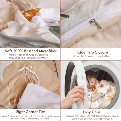 LONAVA Queen Flower 3 Pcs Duvet Cover Set, Breathable Soft Microfiber Biege Lining Comforter Cover with Zipper Closure, and 2 Anti-Pilling, Fade Resistant Pillowcases, Golden Flower LONAVA