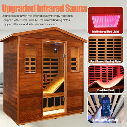 3 Person Sauna Outdoor Sauna Far Infrared Saunas Ultra Low EMF Infrared Sauna for Home 1950W 20Amps Indoor Sauna Mahogany Wooden Sauna Spa with Beauty Red Light, Foldable Seat, Headrest, 0-5mG SALUSHEAT