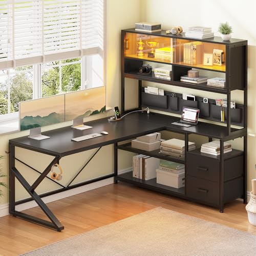 SEDETA L Shaped Gaming Desk, Home Office Computer Desk with 2 Drawer and Bookshelf, L Shaped Gaming Desk with LED Light, Glass Cabinet and Storage Bag, Corner Desk with Storage Shelves, Black SEDETA