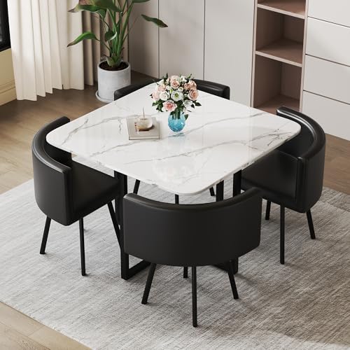 ModaWhly 39" Square Dining Table Set for 4, Space-Saving Negotiating Table Set with 4 Upholstered Chairs, 5 Piece Set Marble Tabletop & Black Chair ModaWhly