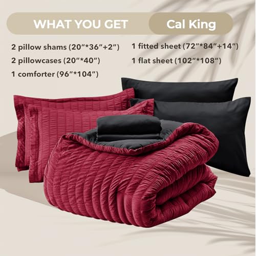 HYMOKEGE Red & Black California King Comforter Set Seersucker 7 Pieces, All Season Luxury Bed in a Bag for Bedroom, Bedding Set with Comforters, Sheets, Pillowcases & Shams HYMOKEGE