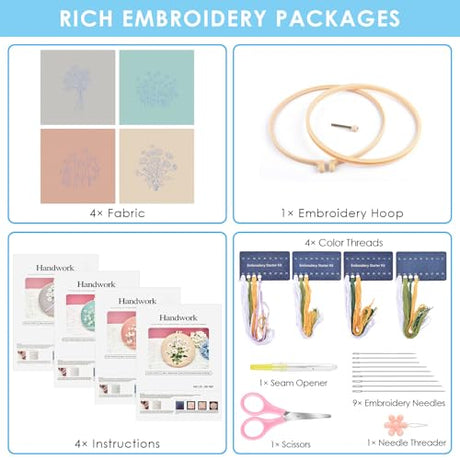 ERKOON 4 Set Embroidery Kit for Beginners, Cross Stitch Set Include Embroidery Cloth Hoops Threads for Craft Lover Hand Stitch with Embroidery Skill Techniques (Daisy) ERKOON