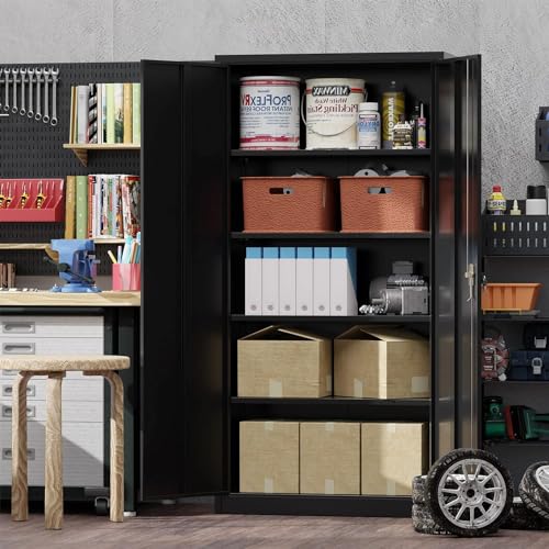 Allouncer Metal Storage Cabinet with 5 Adjustable Shelves, Pantry Cabinet with 2 Doors, Lockable Garage Storage Cabinet, Tool Cabinet, File Storage Cabinets -71" Black