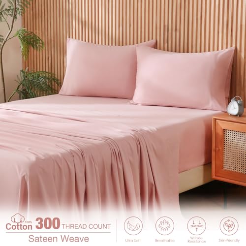 JSD 100% Cotton Sheet Set Twin, Dusty Pink Sateen Sheets 300 Thread Count, Soft Breathable Bed Sheets Deep Pocket JSD