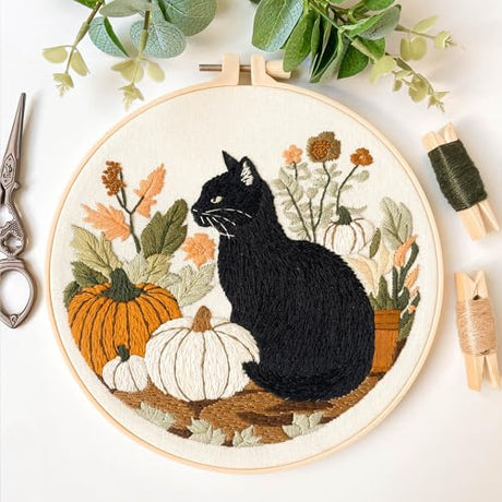 Myfelicity Embroidery kit,Fall Black Cat Embroidery Kit, Set of 3 Hoops, Autumn Pumpkin and Floral Design Myfelicity