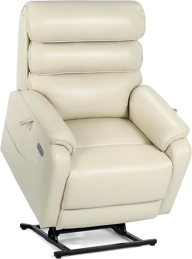 Wide Lay Flat Power Lift Recliner Chair Elderly Heavy Duty Oversized Leather Reclining Sofa Heat and Massage USB Charging Ports Remote Control Adjustable Cream White Living Room Comfortable Seating UOPYNE