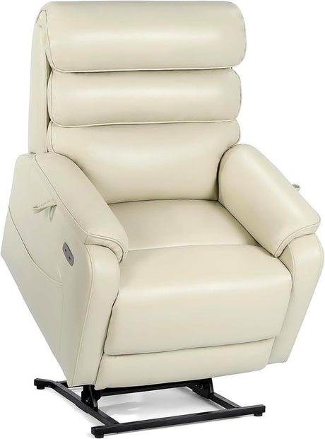 Wide Lay Flat Power Lift Recliner Chair Elderly Heavy Duty Oversized Leather Reclining Sofa Heat and Massage USB Charging Ports Remote Control Adjustable Cream White Living Room Comfortable Seating UOPYNE