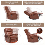 PELUMY Genuine Leather Swivel Rocking Recliner Chair for Adults, 360° Swivel Glider Rocker with Heat & Vibrating Massage, Lounge Chair for Living Room, Bedroom, Nursery (Tangerine-Red Brown)