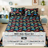 MCO Kids Full Size Bed Sheets, Soft Microfiber Full Size Sheets for Boy Girls, 4 Pieces Breathable Full Bed Sheet Race car Black MCO