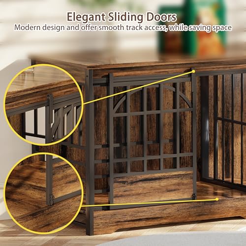 COZPAW 78 Inch Double Dog Crate Furniture, Extra Large Dog Kennel Indoor for 2 Dogs, Heavy Duty Dog Cage with Divider, Wooden Dog House Decorative Table TV Stand for XLarge Dogs (Cognac Brown) COZPAW