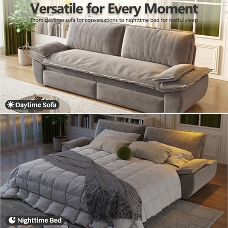 UPYOOE 70.1" Futon Sofa Bed Queen Size, Pull Out Bed, 3-in-1 Convertible Sleeper Sofa with 2 Soft Pillows, Modern Velvet Futon Couch for Living Room, Small Space, Apartment, Bedroom, Grey UPYOOE