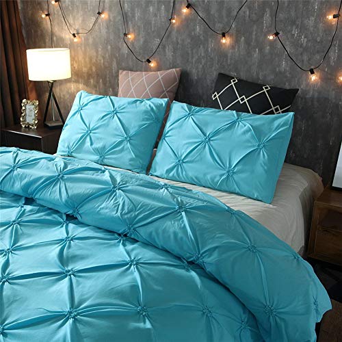 Feelyou King Duvet Cover Set Pinch Pleated Bedding Sets Aqua Blue Microfiber Polyester Pintuck Tufted Comforter Cover with 2 Pillow Shams Luxury Solid Geometric, 3 Pieces Feelyou