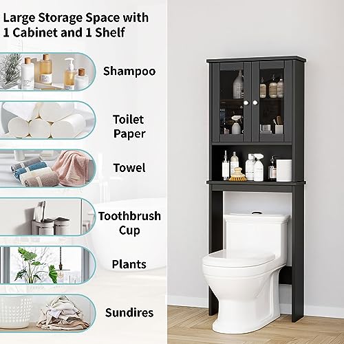 Shintenchi Over The Toilet Storage Cabinet, Bathroom Shelf Organizer with Anti-Tip Device Small Freestanding Space Saver with Adjustable Shelf and Glass Door, Black Shintenchi