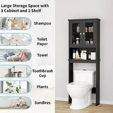 Shintenchi Over The Toilet Storage Cabinet, Bathroom Shelf Organizer with Anti-Tip Device Small Freestanding Space Saver with Adjustable Shelf and Glass Door, Black Shintenchi
