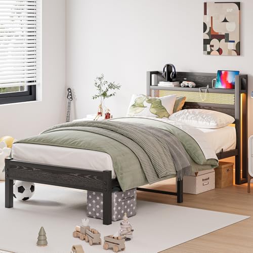 JUISSANO Twin Size Bed Frame with Charging Station and LED Lights,Black Metal Twin Bed Frame with Headboard Storage Shelf,Single Bed Frames with Under Bed Storage,No Box Spring Needed,Easy Assembly JUISSANO