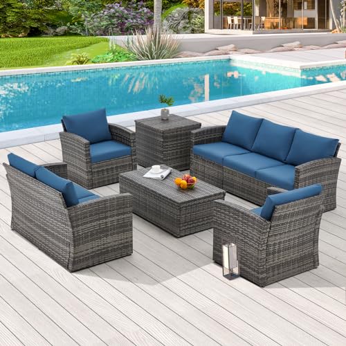 U-MAX 7 Pieces Outdoor Patio Furniture Sets w/Two Storage Boxes, Grey Rattan& Blue Cushions U-MAX