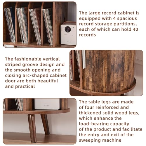 LELELINKY Large Round Record Player Stand with Charging Station & Fluted Panel, Brown Mid Century Modern Turntable Cabinet with Vinyl Storage, Arched Wood Record Player Table for Living Room LELELINKY