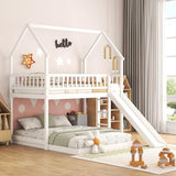 SOFTSEA House Bunk Bed with Slide, Twin Over Full Wooden Bunk Bed Frame with Full-Length Guardrail and Built-in Ladder, for Bedroom, No Box Spring Needed, White SOFTSEA
