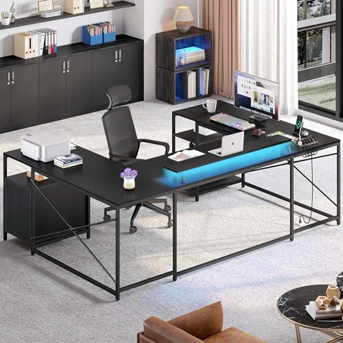 YITAHOME U Shaped Desk with Power Outlets & LED Lights, 79" Reversible L Shaped Desk with Drawers, Corner Computer Desk Office Desk with Monitor Stand & Storage Shelves, Black YITAHOME