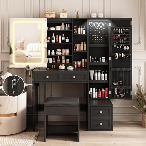 Makeup Vanity Desk with LED Lighted Sliding Mirror, Vanity Table with Jewelry Cabinet and 4 Drawers, Charging Station & Lots Storage Shelves, Adjustable Brightness, Dressing Table Cushioned Stool Set Vabches