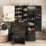 Makeup Vanity Desk with LED Lighted Sliding Mirror, Vanity Table with Jewelry Cabinet and 4 Drawers, Charging Station & Lots Storage Shelves, Adjustable Brightness, Dressing Table Cushioned Stool Set Vabches