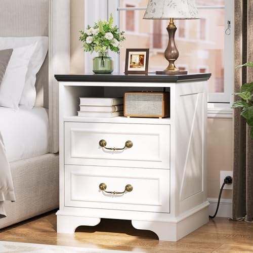 Unikito Farmhouse Nightstand with Charging Station, Bedside Table with 2 Large Drawers & Vintage Handles, Side Table with Open Storage for Bedroom (Antique White) Unikito