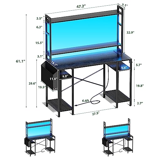 Huuger 47 inch Computer Desk with Adjustable Shelves, Gaming Desk with LED Lights & Power Outlets, Home Office Desk with Monitor Stand, Hooks & CPU Stand, Black - WoodArtSupply