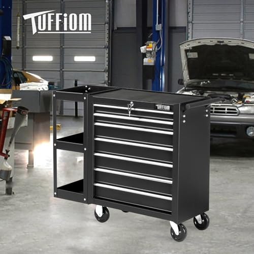 TUFFIOM 7-Drawer Rolling Tool Chest w/Lock & Key, Tool Storage Side Cabinet with Side Shelves Wheels, Top Cushion & Drawer Liners, Tool Organizer Box for Garage, Warehouse & Repair Shop, Black TUFFIOM