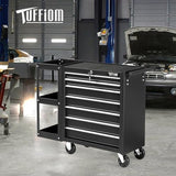 TUFFIOM 7-Drawer Rolling Tool Chest w/Lock & Key, Tool Storage Side Cabinet with Side Shelves Wheels, Top Cushion & Drawer Liners, Tool Organizer Box for Garage, Warehouse & Repair Shop, Black TUFFIOM